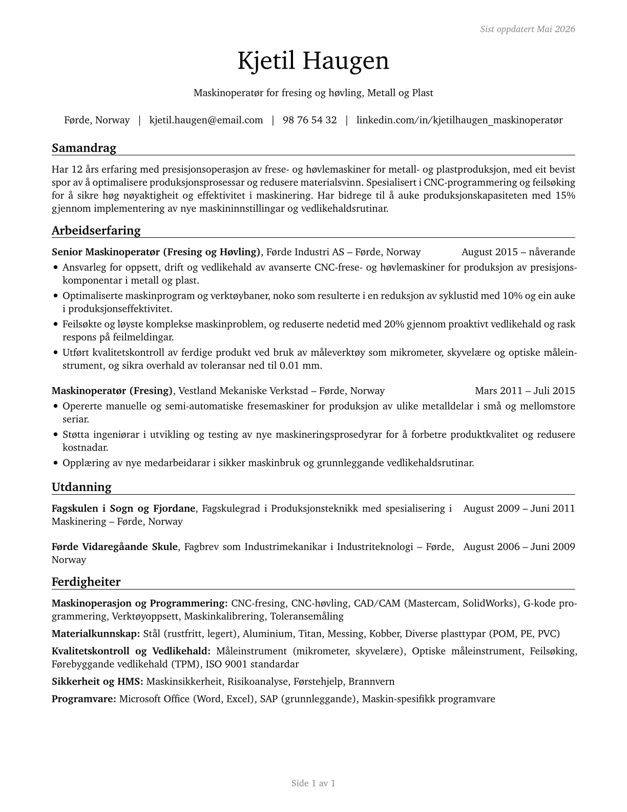 Milling and Planing Machine Setters, Operators, and Tenders, Metal and Plastic CV in Norwegian_nynorsk — page 1