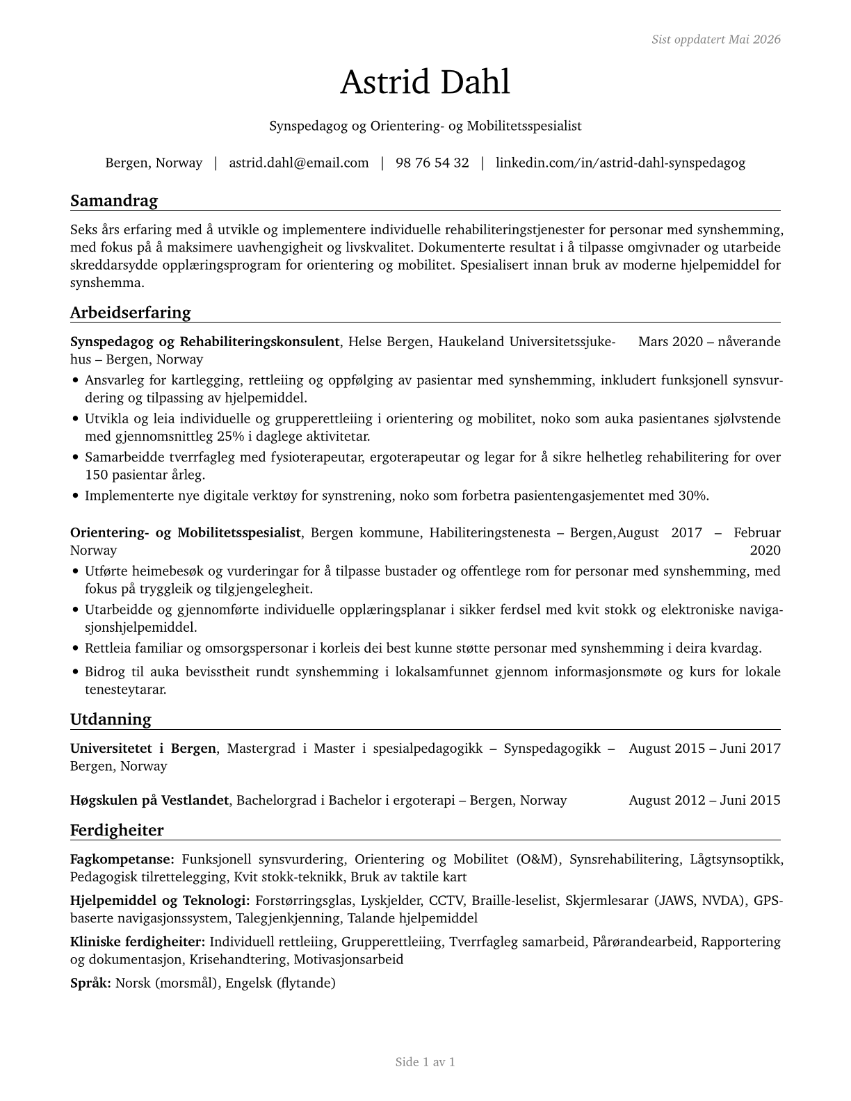 Low Vision Therapists, Orientation and Mobility Specialists, and Vision Rehabilitation Therapists CV in Norwegian_nynorsk — page 1