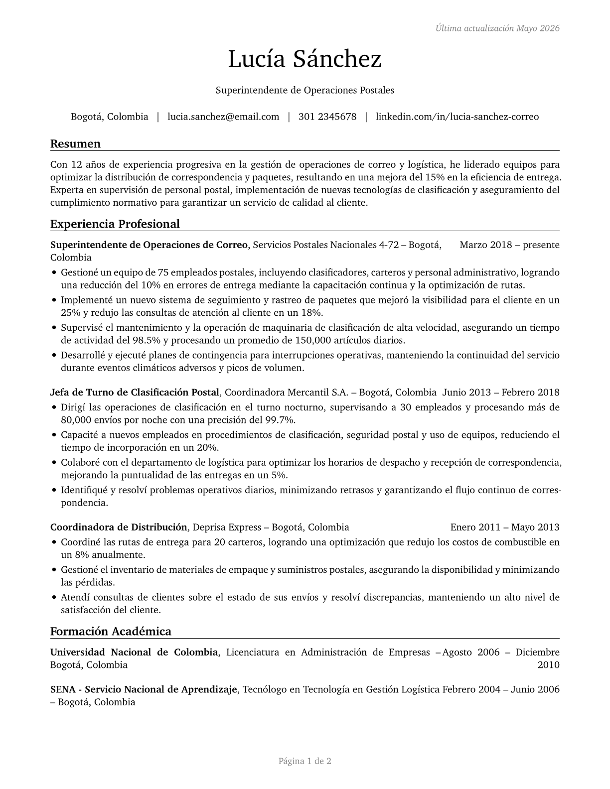Postmasters and Mail Superintendents CV in Spanish — page 1
