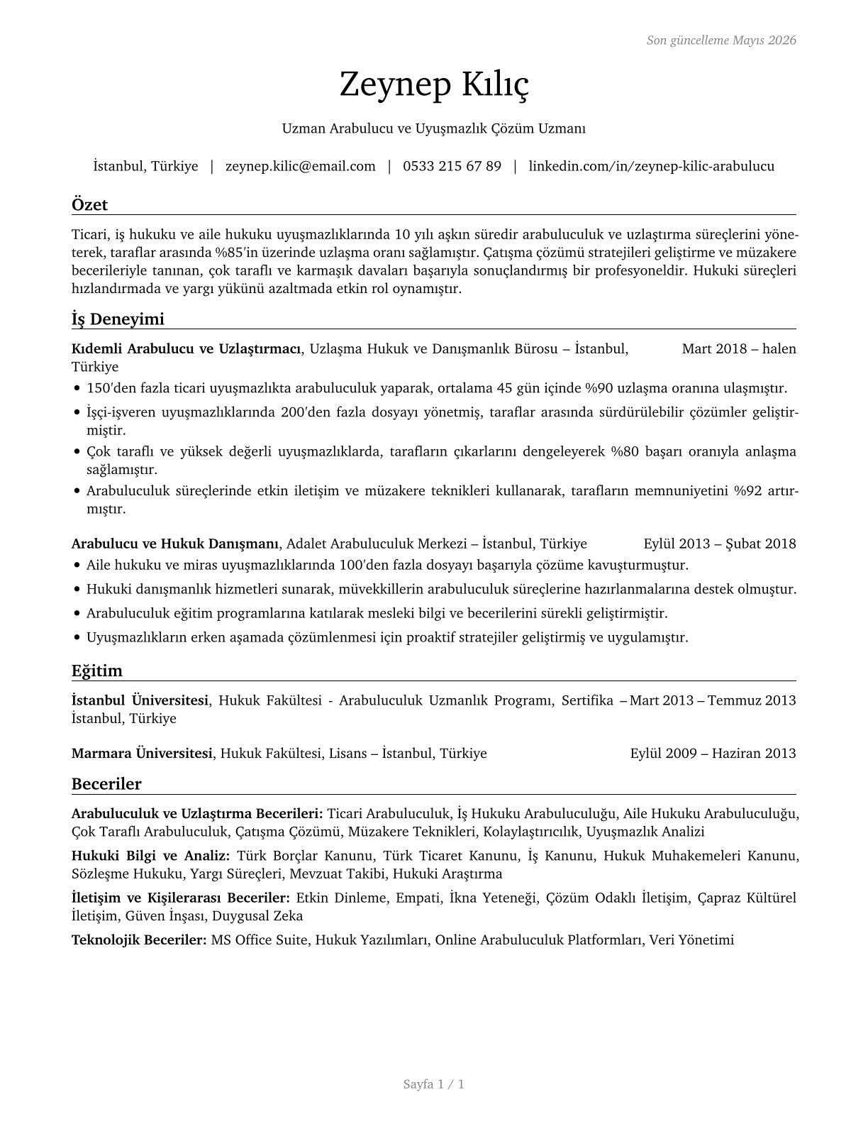 Arbitrators, Mediators, and Conciliators CV in Turkish — page 1