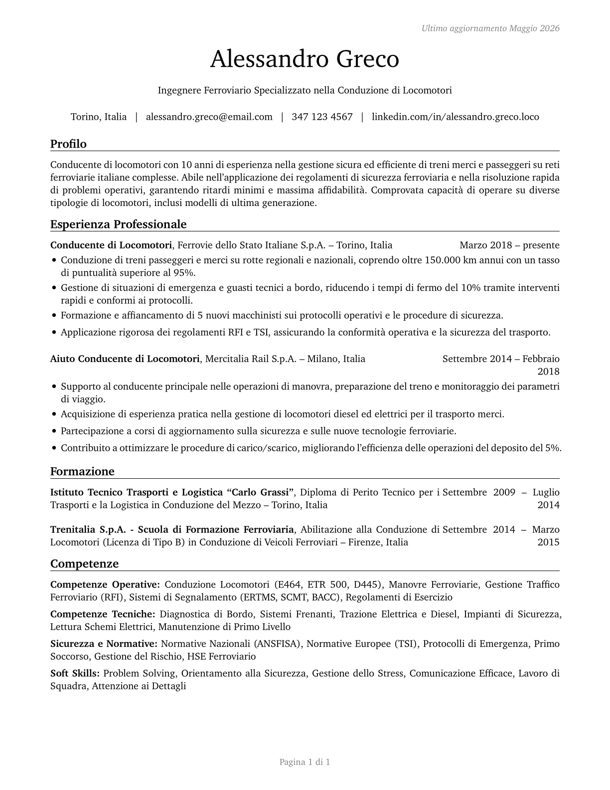 Locomotive Engineers CV in Italian — page 1