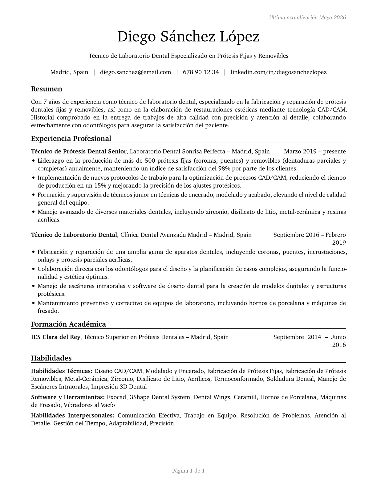 Dental Laboratory Technicians CV in Spanish — page 1