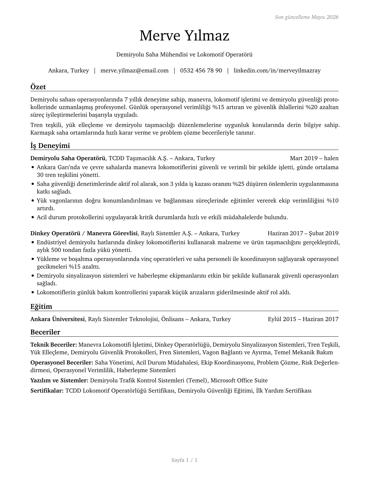 Rail Yard Engineers, Dinkey Operators, and Hostlers CV in Turkish — page 1