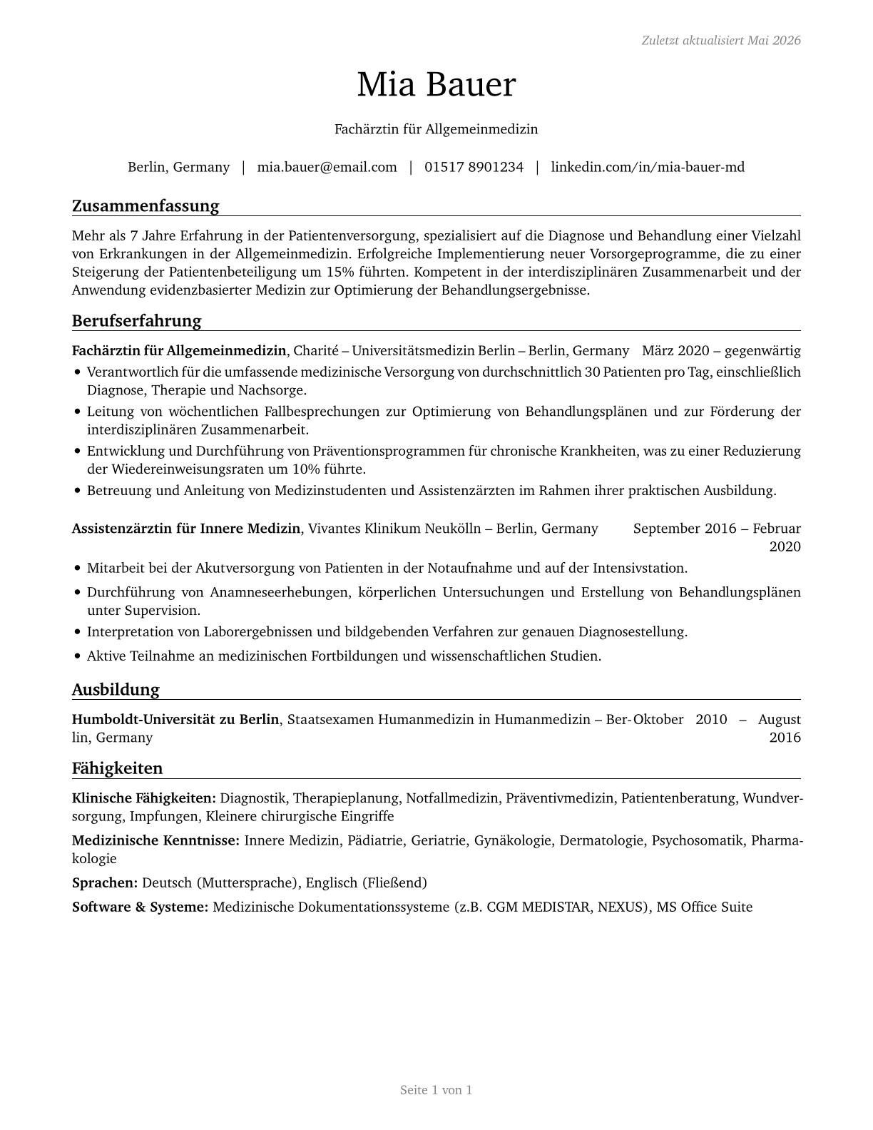 Physicians, All Other CV in German — page 1