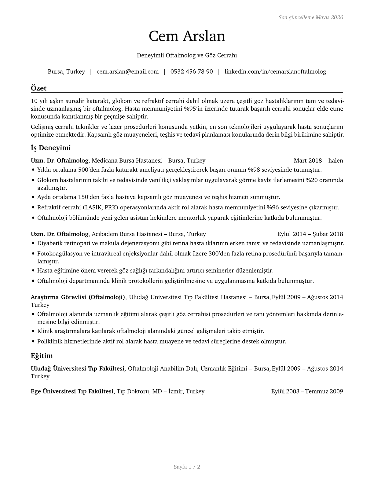 Ophthalmologists, Except Pediatric CV in Turkish — page 1