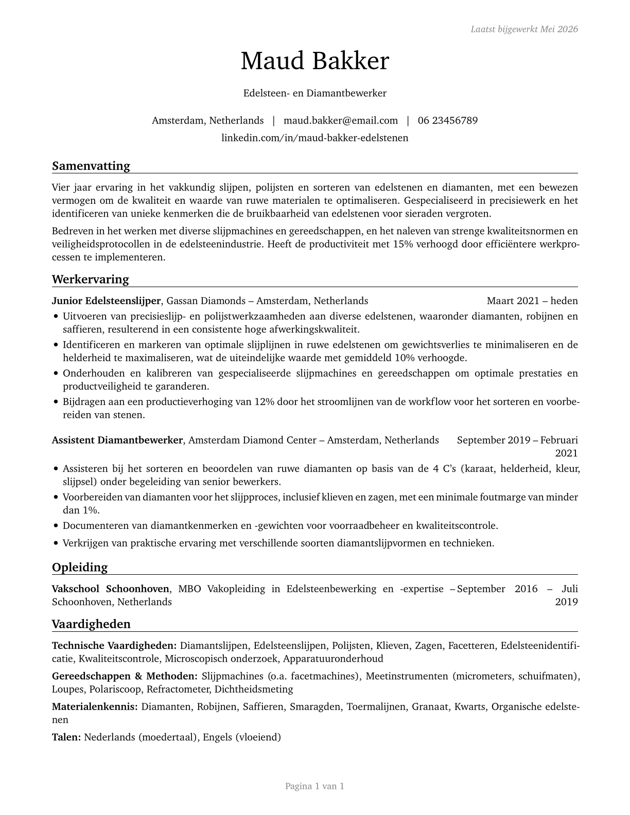 Gem and Diamond Workers CV in Dutch — page 1