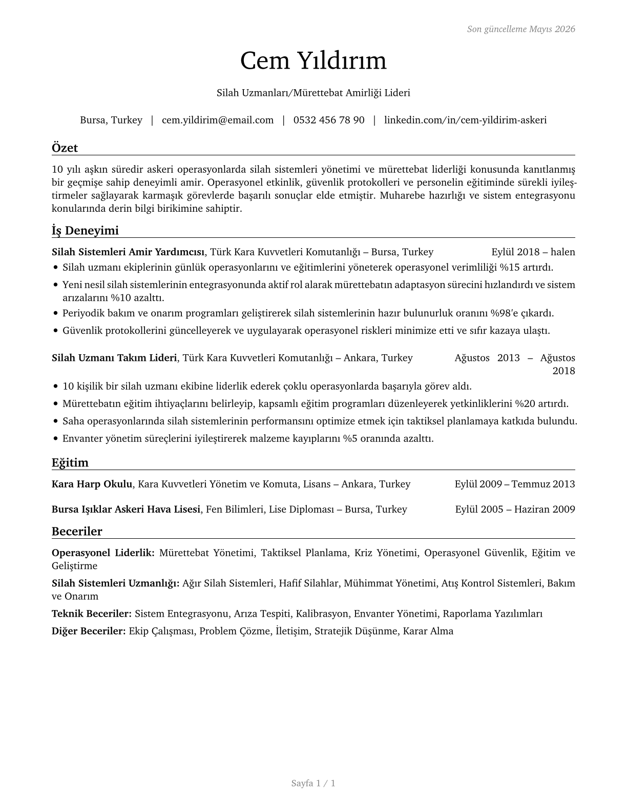 First-Line Supervisors of Weapons Specialists/Crew Members CV in Turkish — page 1