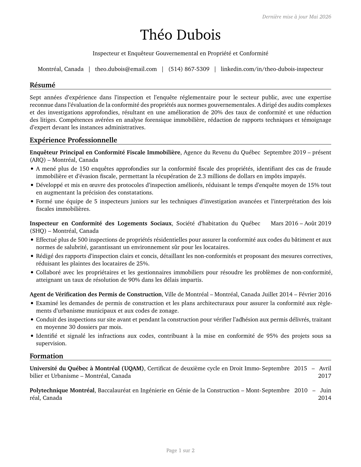 Government Property Inspectors and Investigators CV in French — page 1