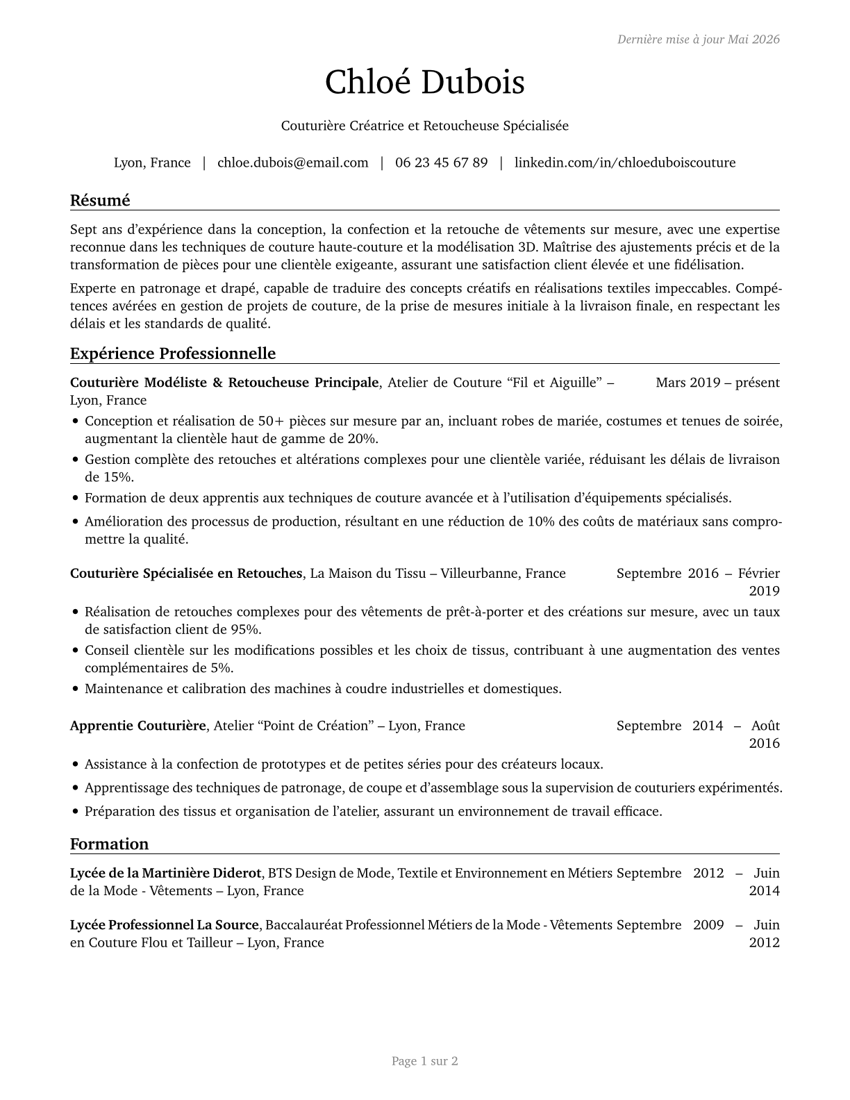 Tailors, Dressmakers, and Custom Sewers CV in French — page 1