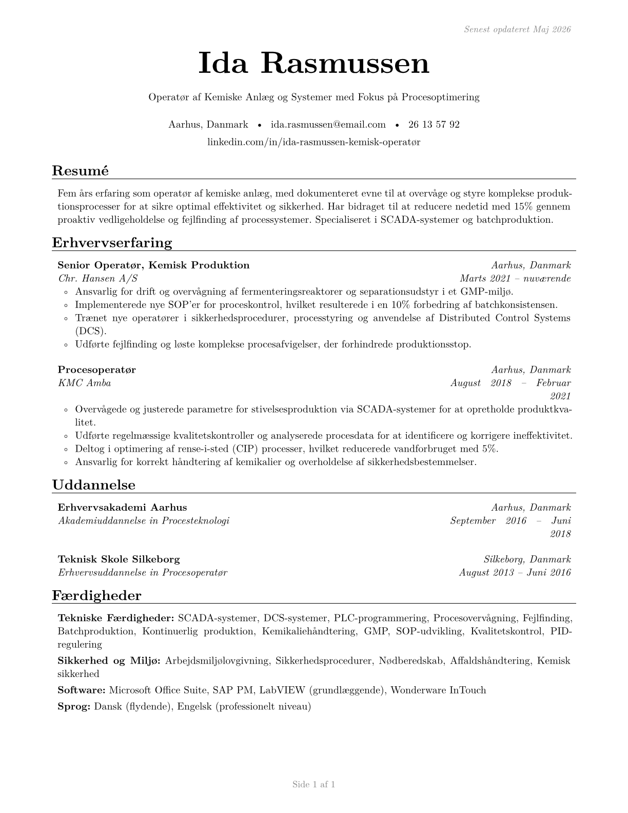 Chemical Plant and System Operators CV in Danish — page 1