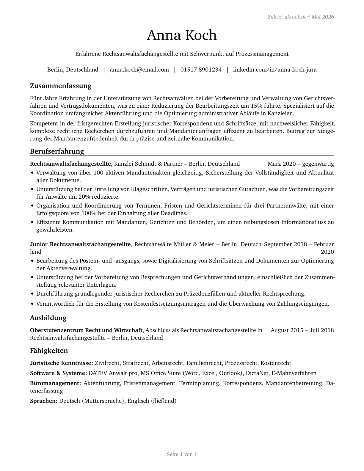 Paralegals and Legal Assistants CV in German — page 1