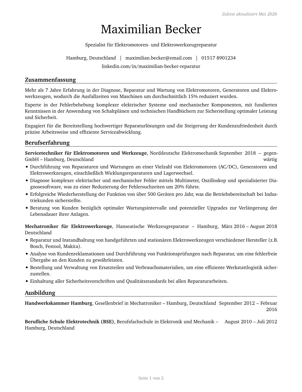 Electric Motor, Power Tool, and Related Repairers CV in German — page 1