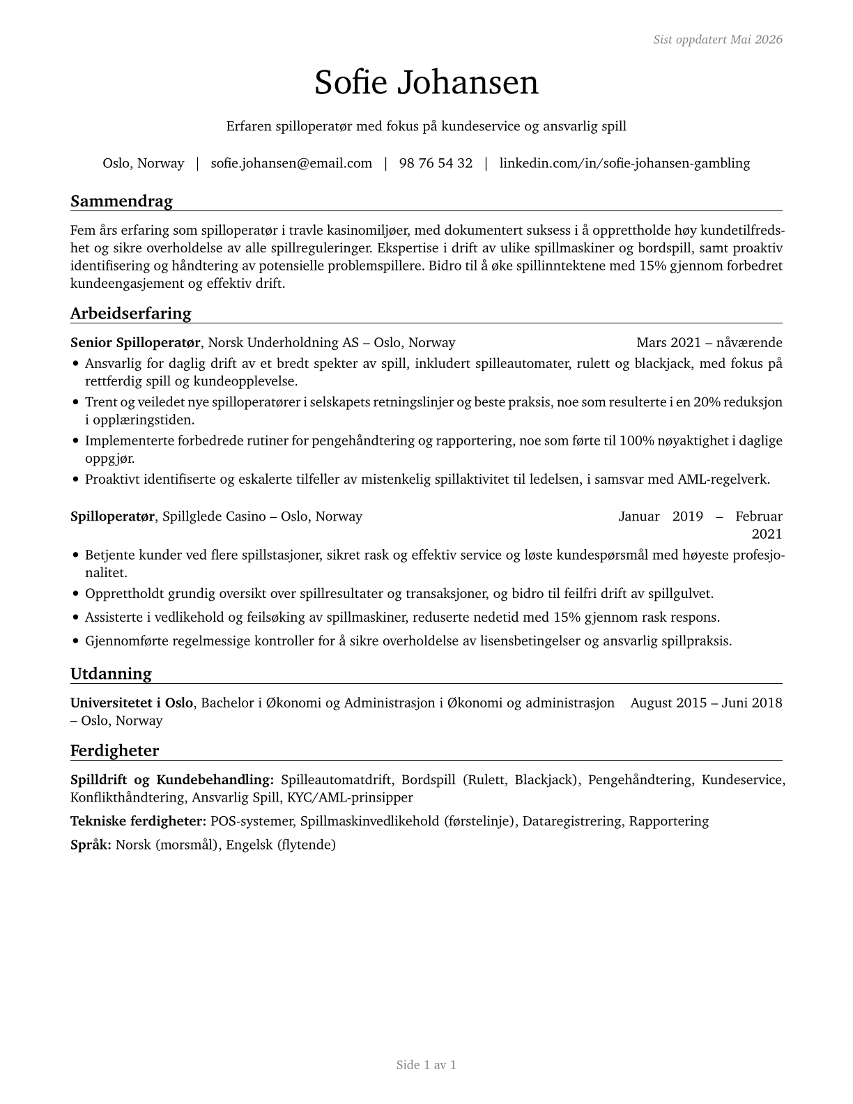 Gambling Service Workers, All Other CV in Norwegian_bokmal — page 1