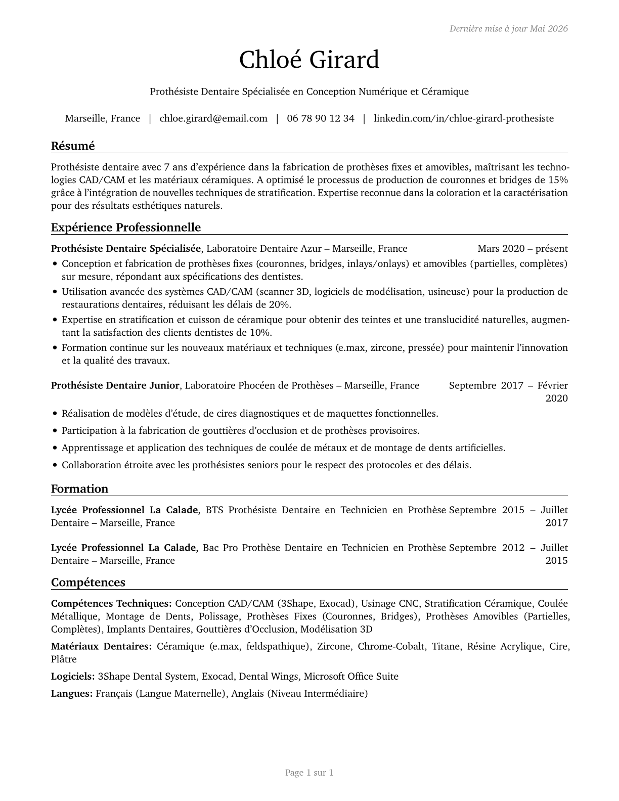 Dental Laboratory Technicians CV in French — page 1