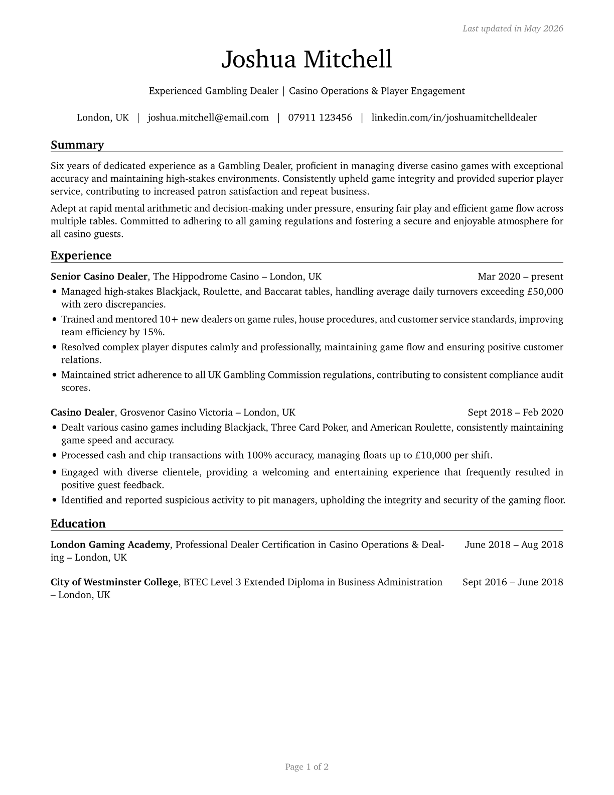 Gambling Dealers CV in English — page 1