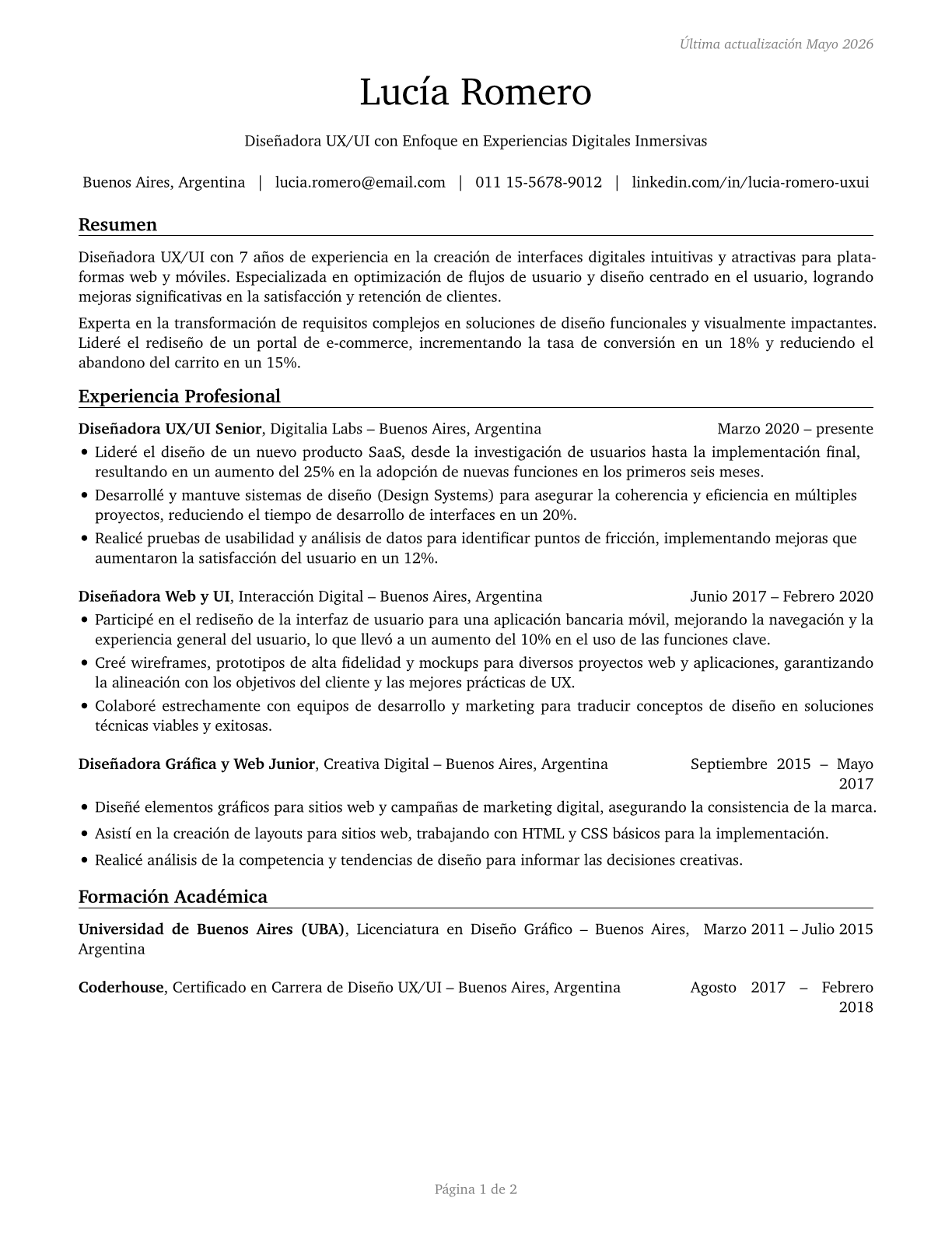 Web and Digital Interface Designers CV in Spanish — page 1