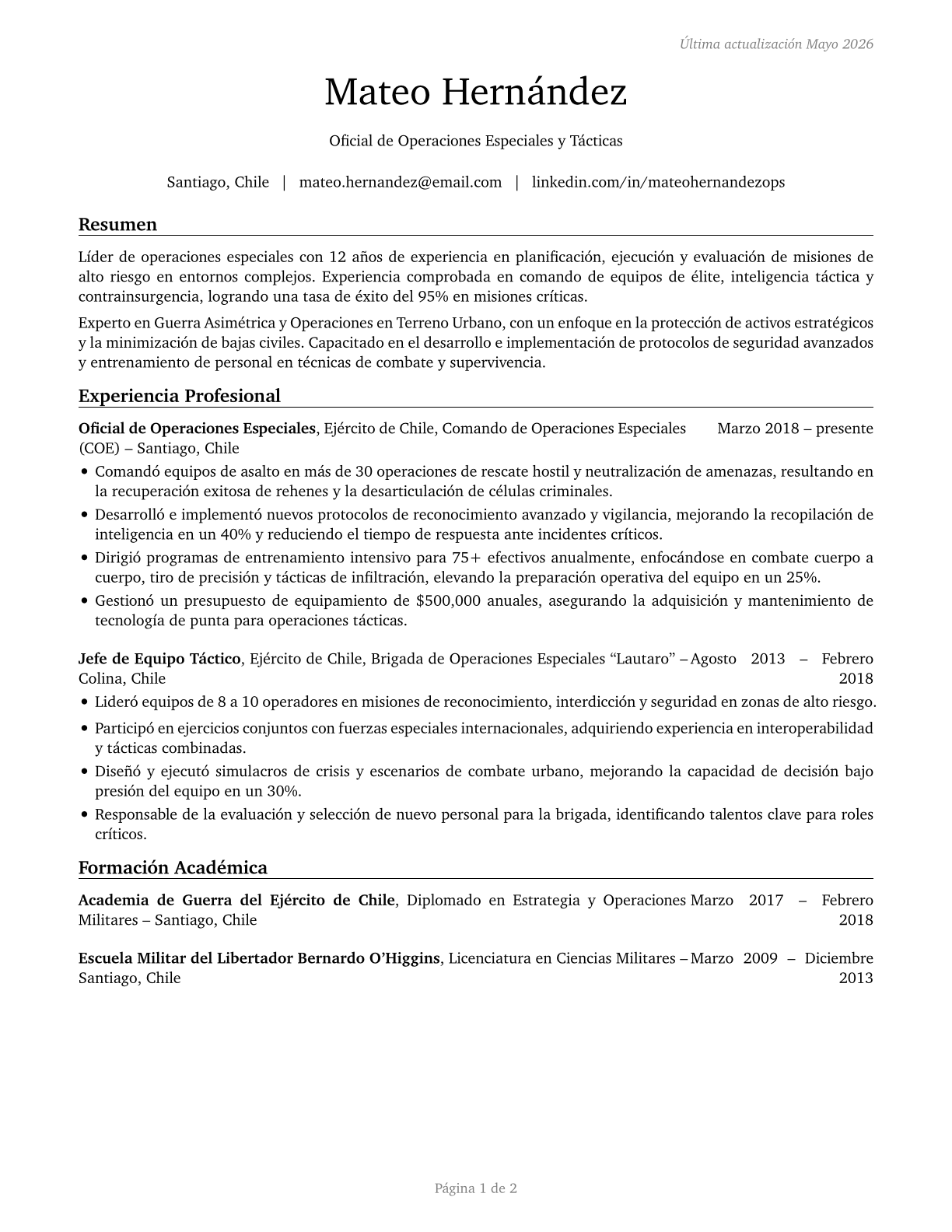 Special Forces CV in Spanish — page 1