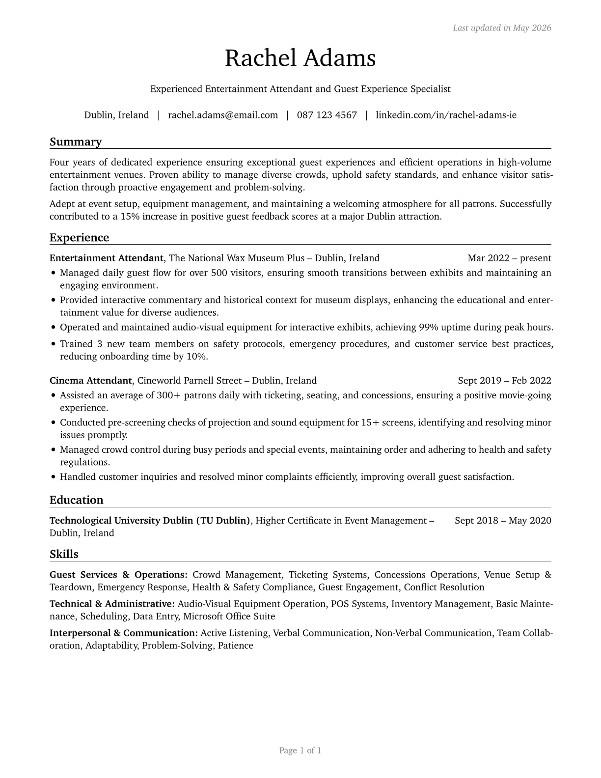 Entertainment Attendants and Related Workers, All Other CV in English — page 1