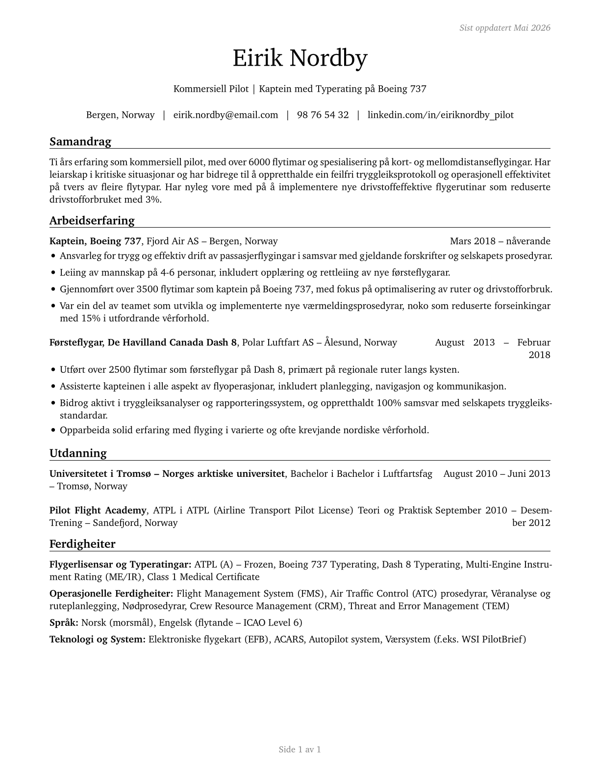 Commercial Pilots CV in Norwegian_nynorsk — page 1