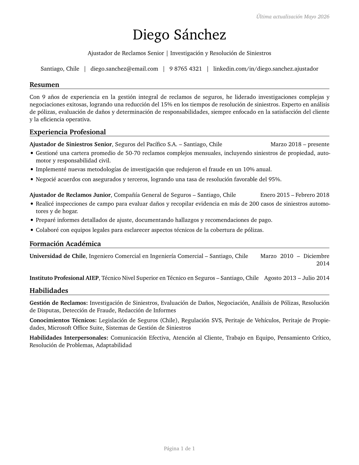 Claims Adjusters, Examiners, and Investigators CV in Spanish — page 1