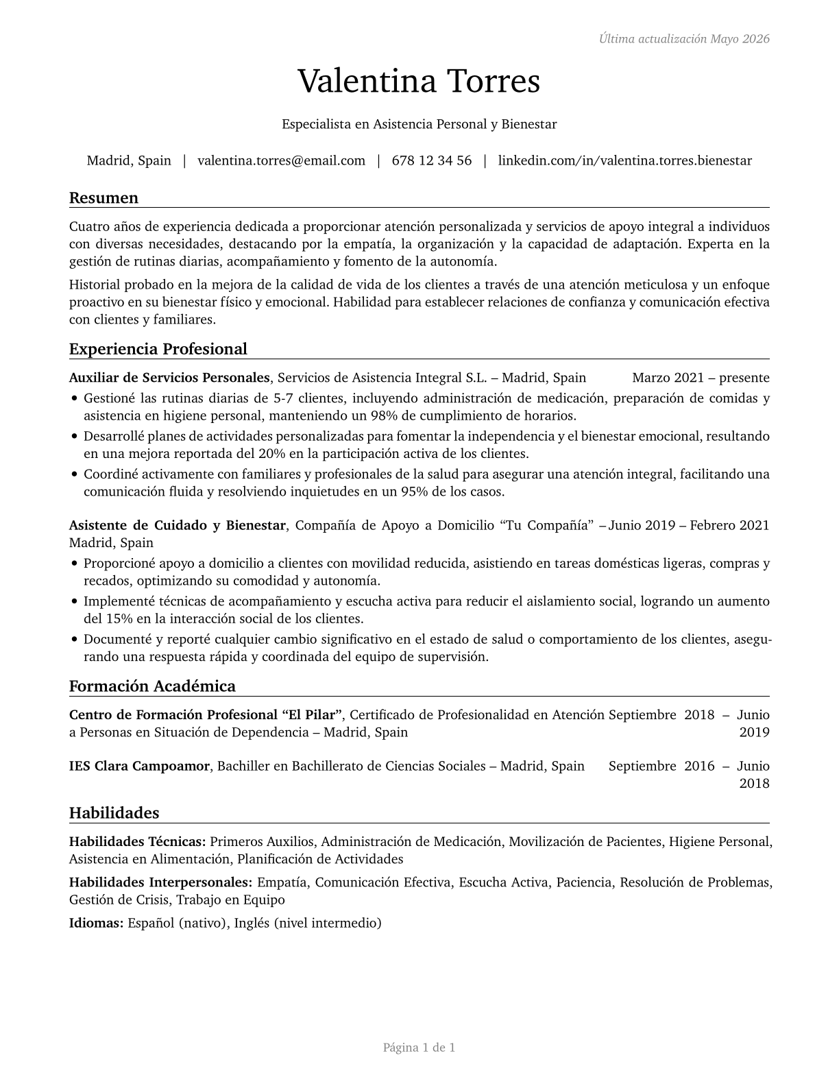 Personal Care and Service Workers, All Other CV in Spanish — page 1
