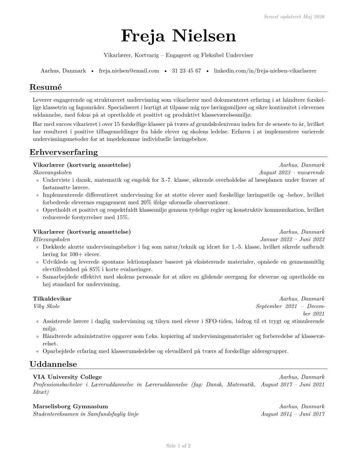 Substitute Teachers, Short-Term CV in Danish — page 1