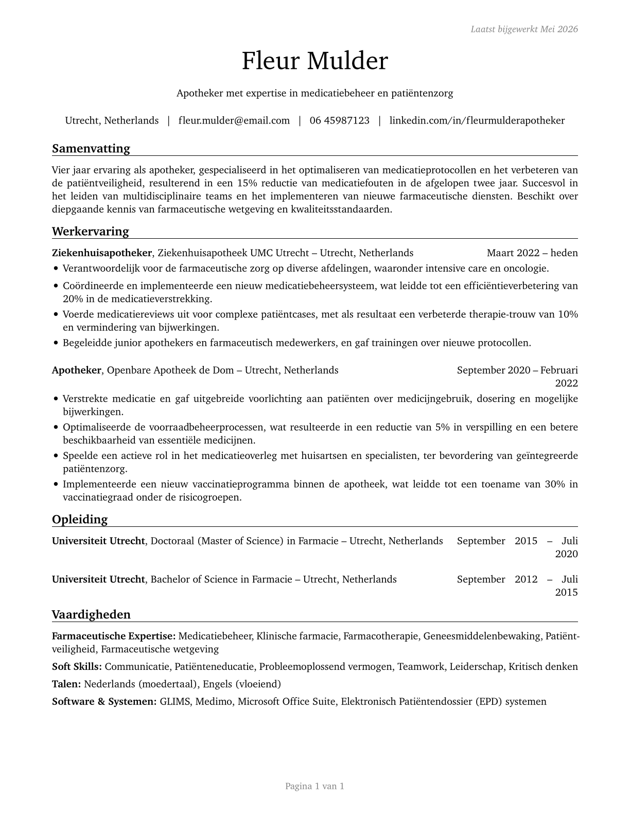 Pharmacists CV in Dutch — page 1