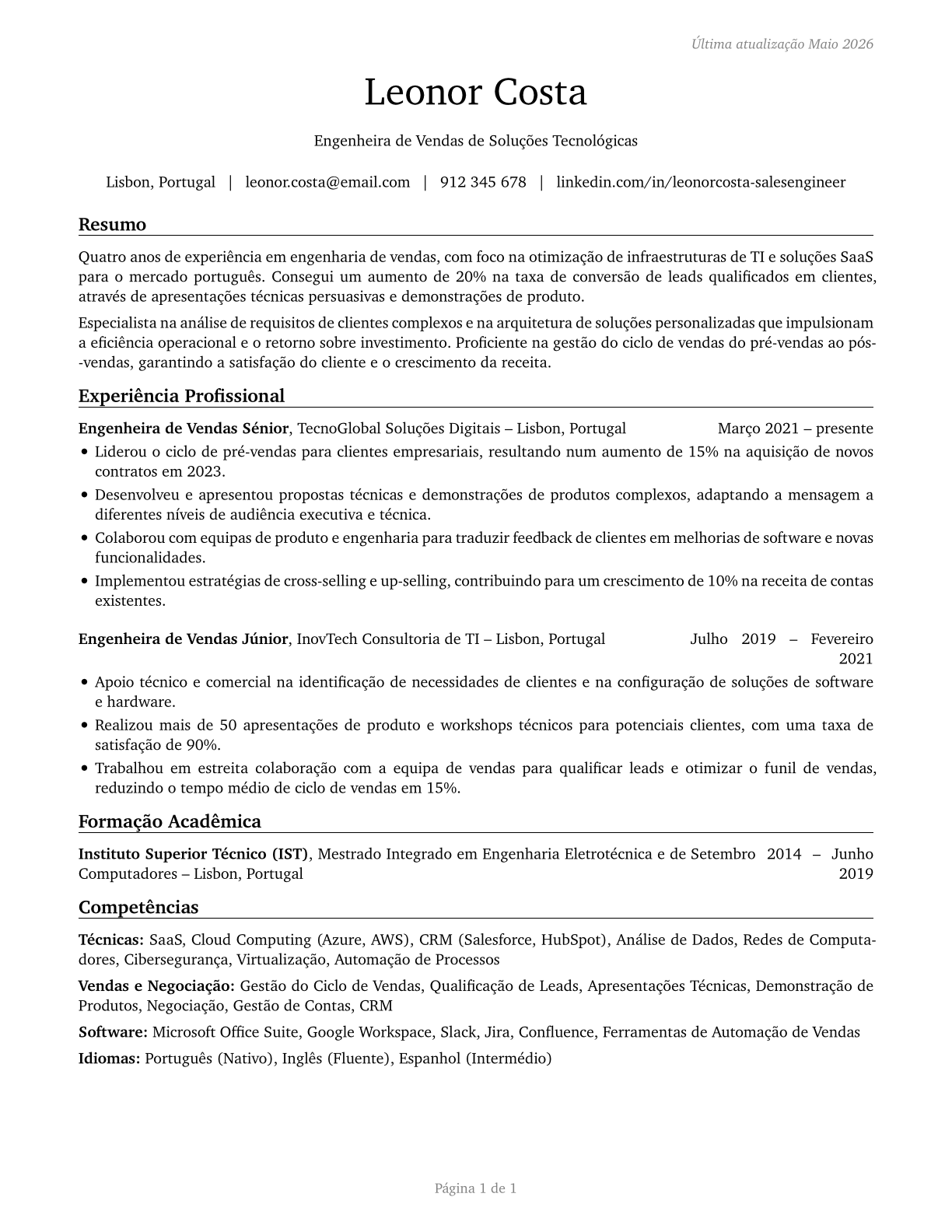 Sales Engineers CV in Portuguese — page 1