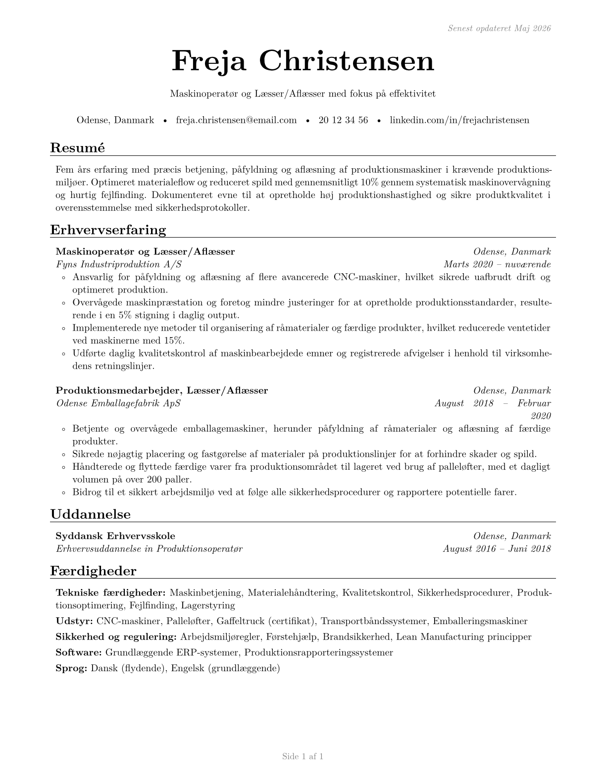 Machine Feeders and Offbearers CV in Danish — page 1