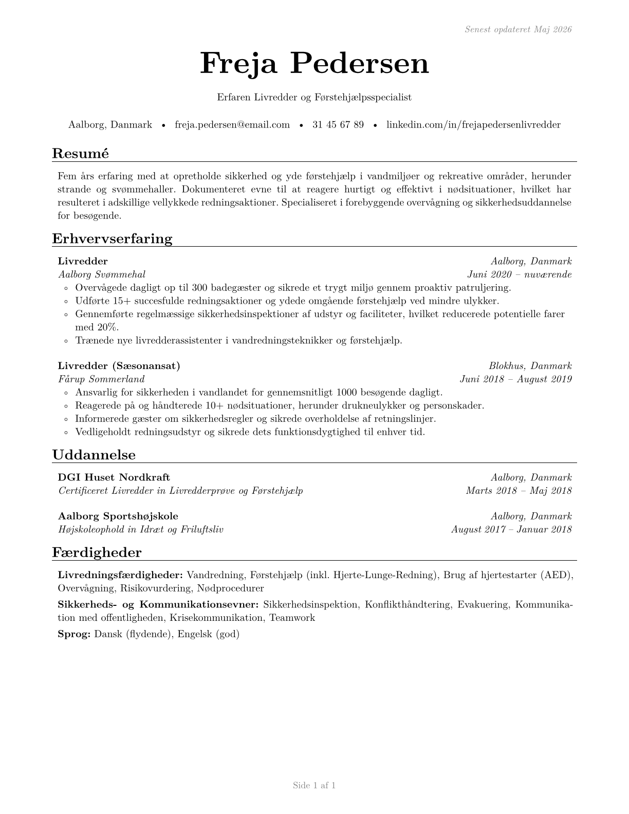Lifeguards, Ski Patrol, and Other Recreational Protective Service Workers CV in Danish — page 1