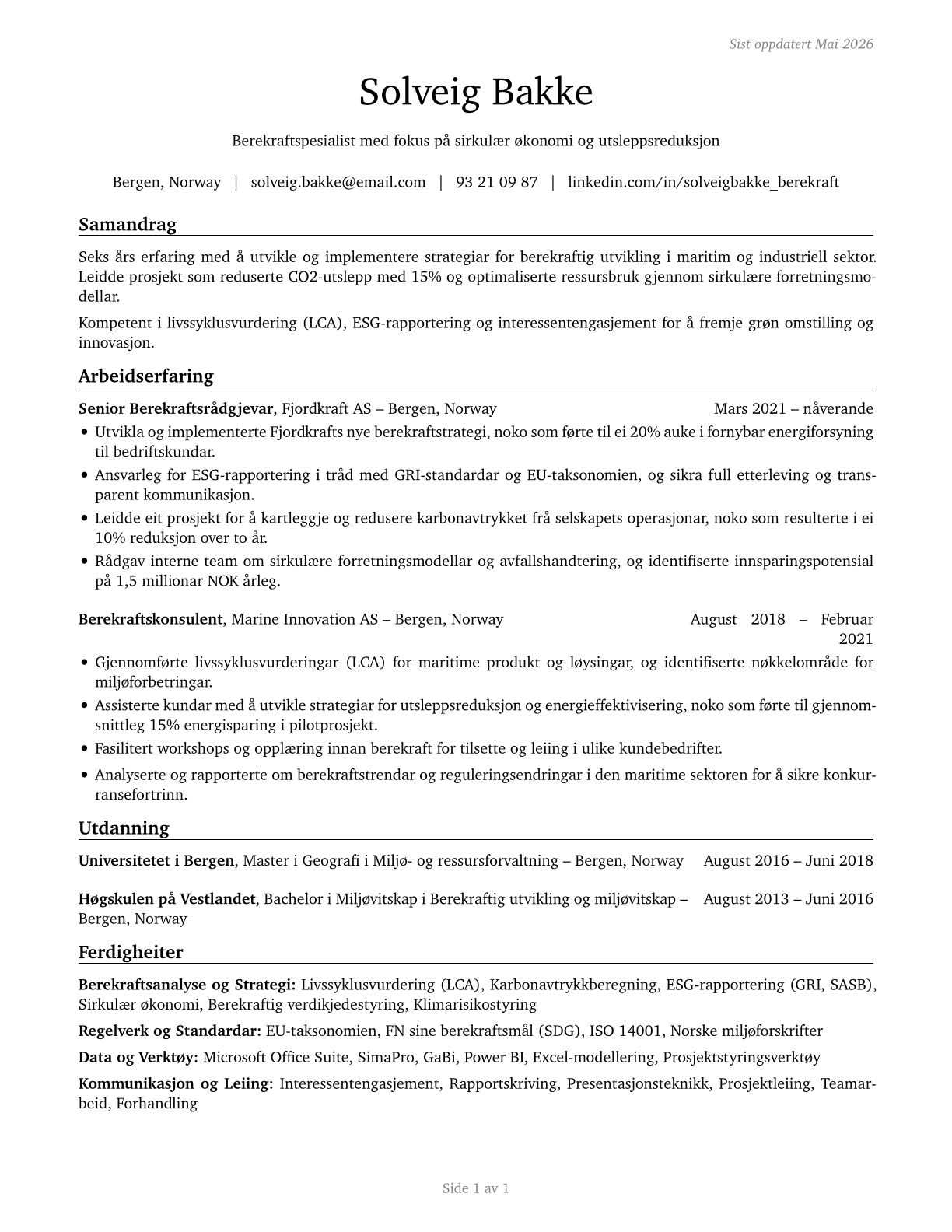 Sustainability Specialists CV in Norwegian_nynorsk — page 1