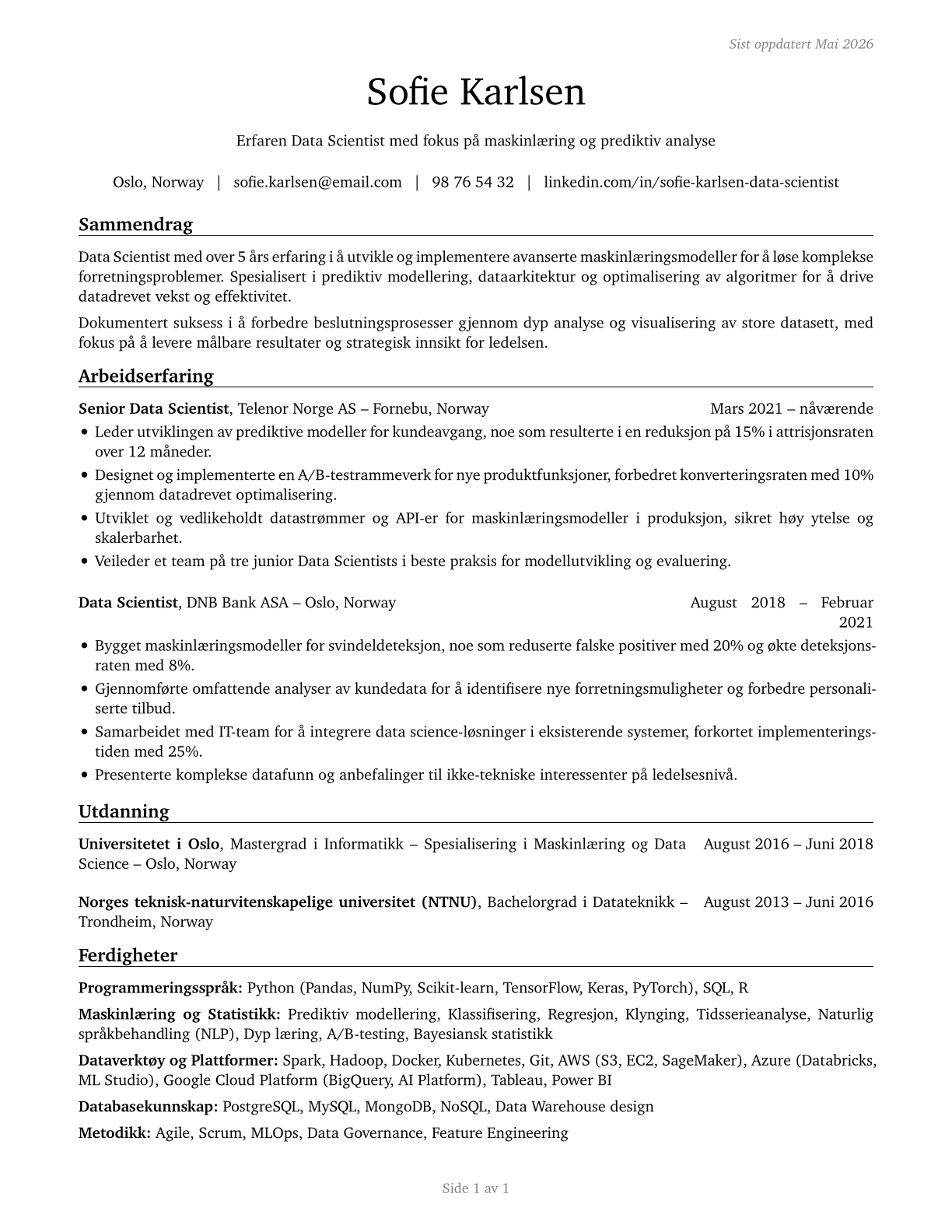 Data Scientists CV in Norwegian_bokmal — page 1