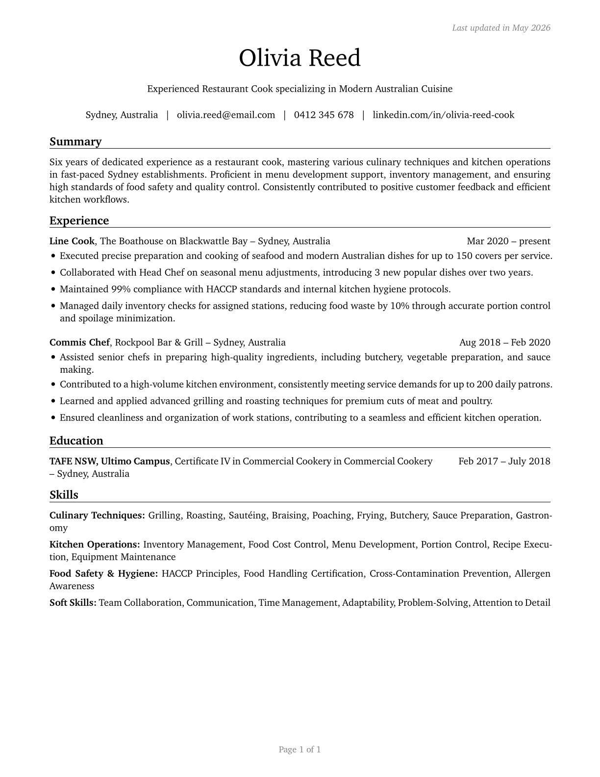 Cooks, Restaurant CV in English — page 1
