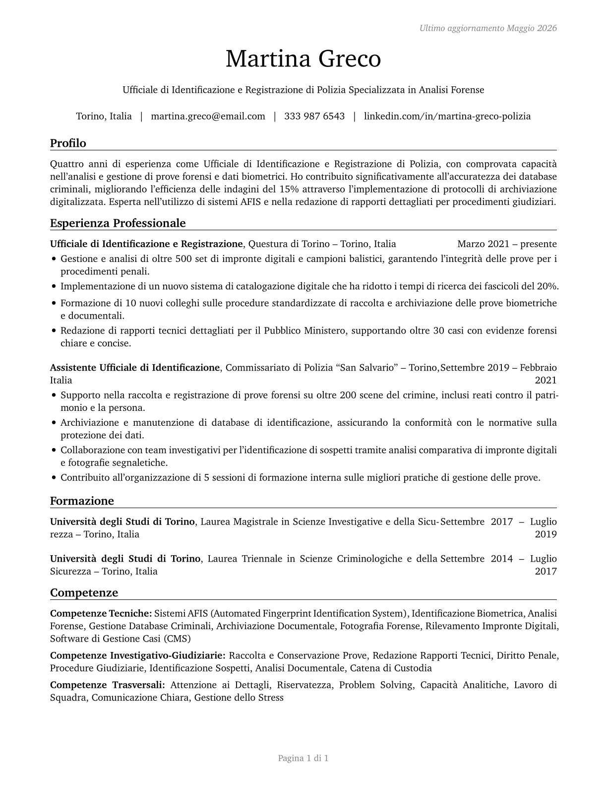 Police Identification and Records Officers CV in Italian — page 1