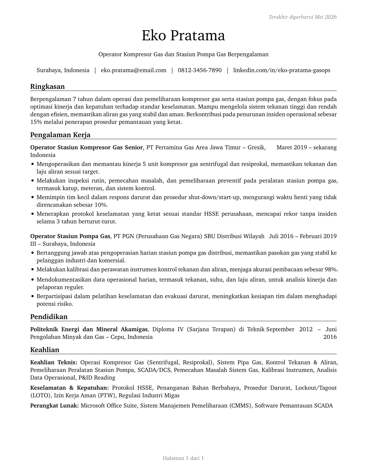 Gas Compressor and Gas Pumping Station Operators CV in Indonesian — page 1
