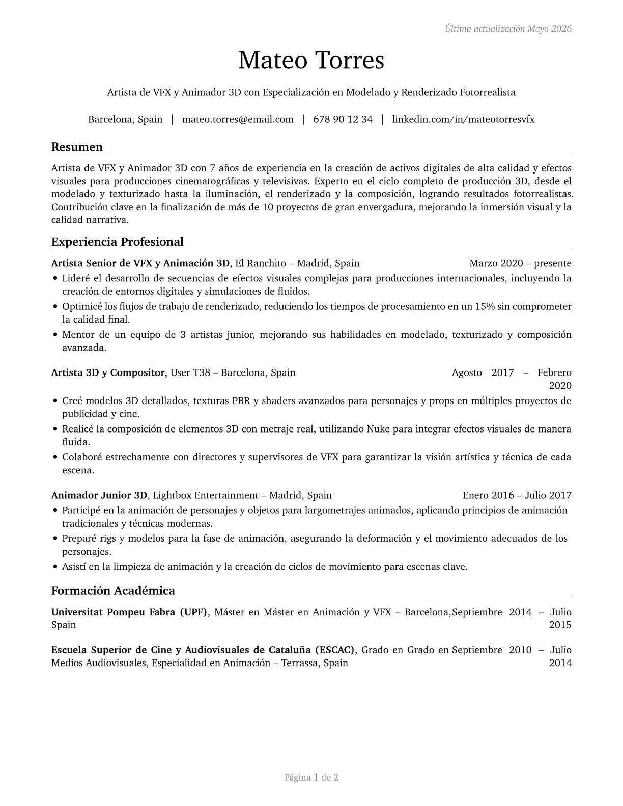Special Effects Artists and Animators CV in Spanish — page 1