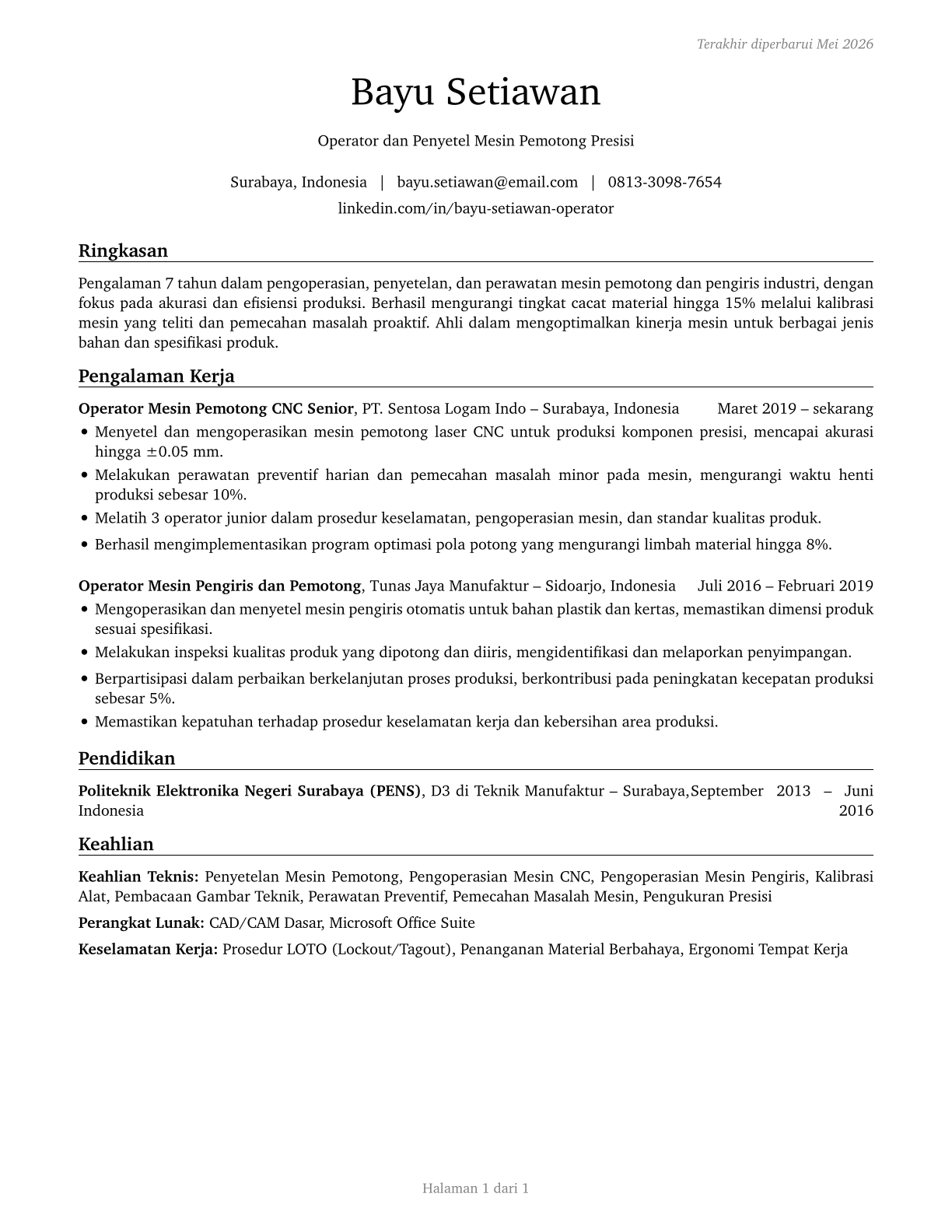 Cutting and Slicing Machine Setters, Operators, and Tenders CV in Indonesian — page 1