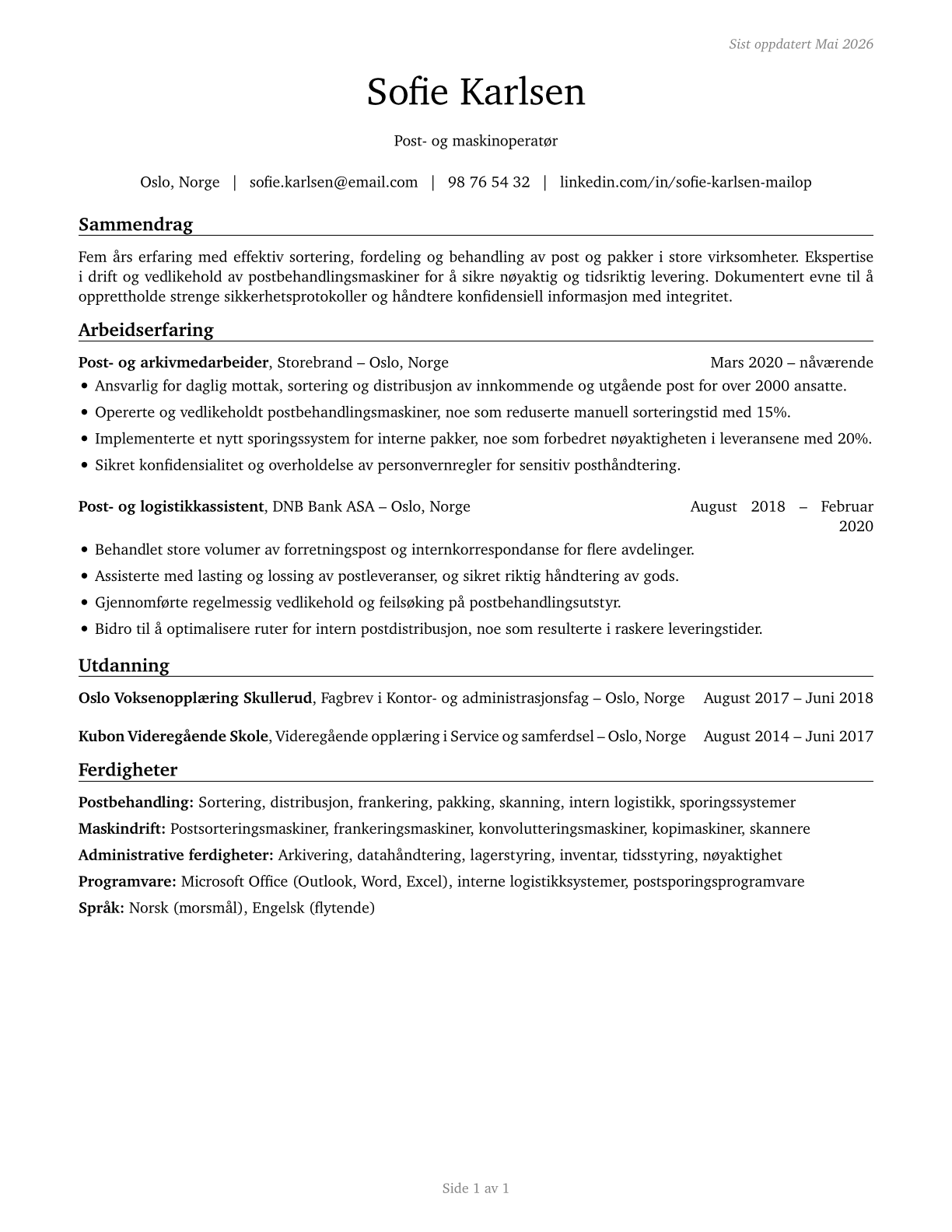 Mail Clerks and Mail Machine Operators, Except Postal Service CV in Norwegian_bokmal — page 1