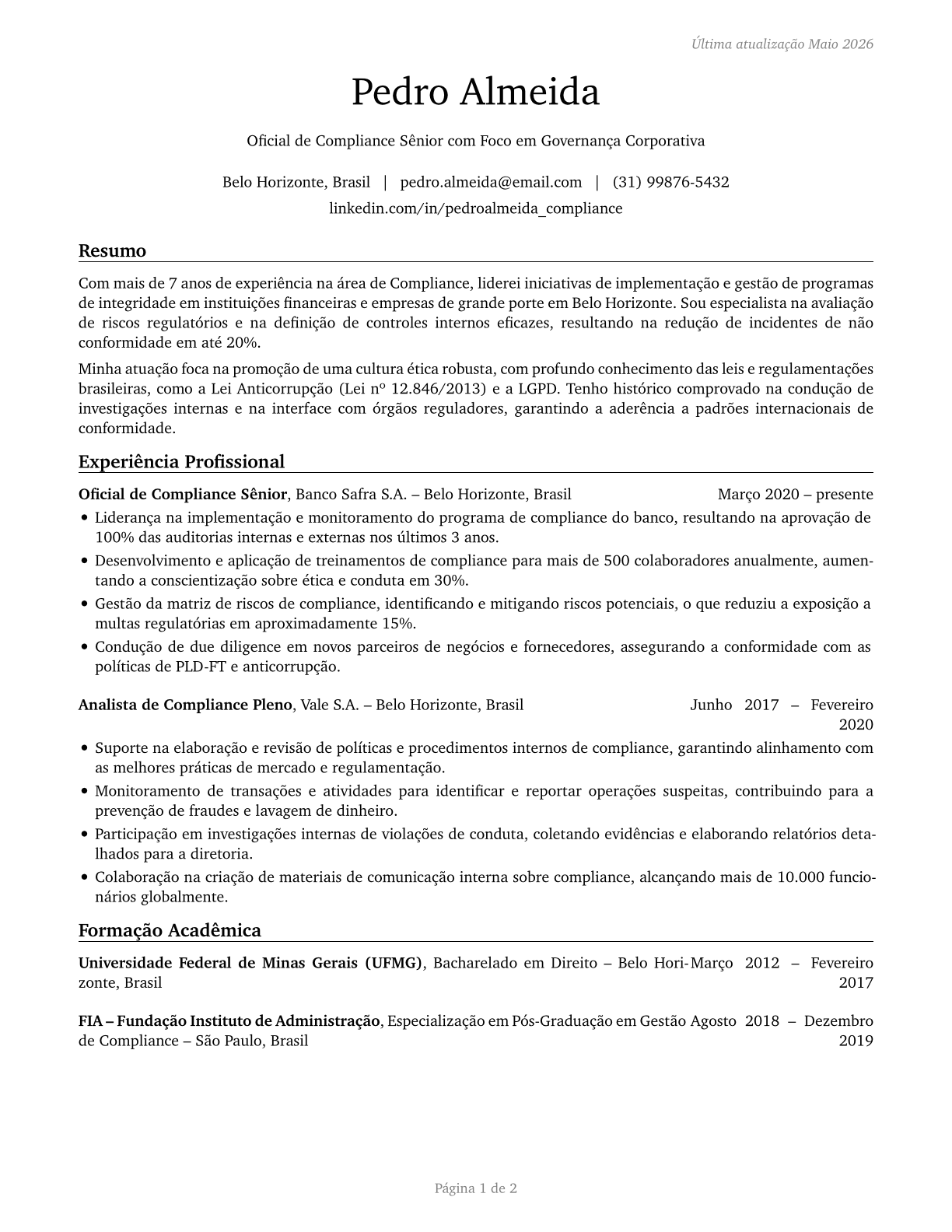 Compliance Officers CV in Portuguese — page 1