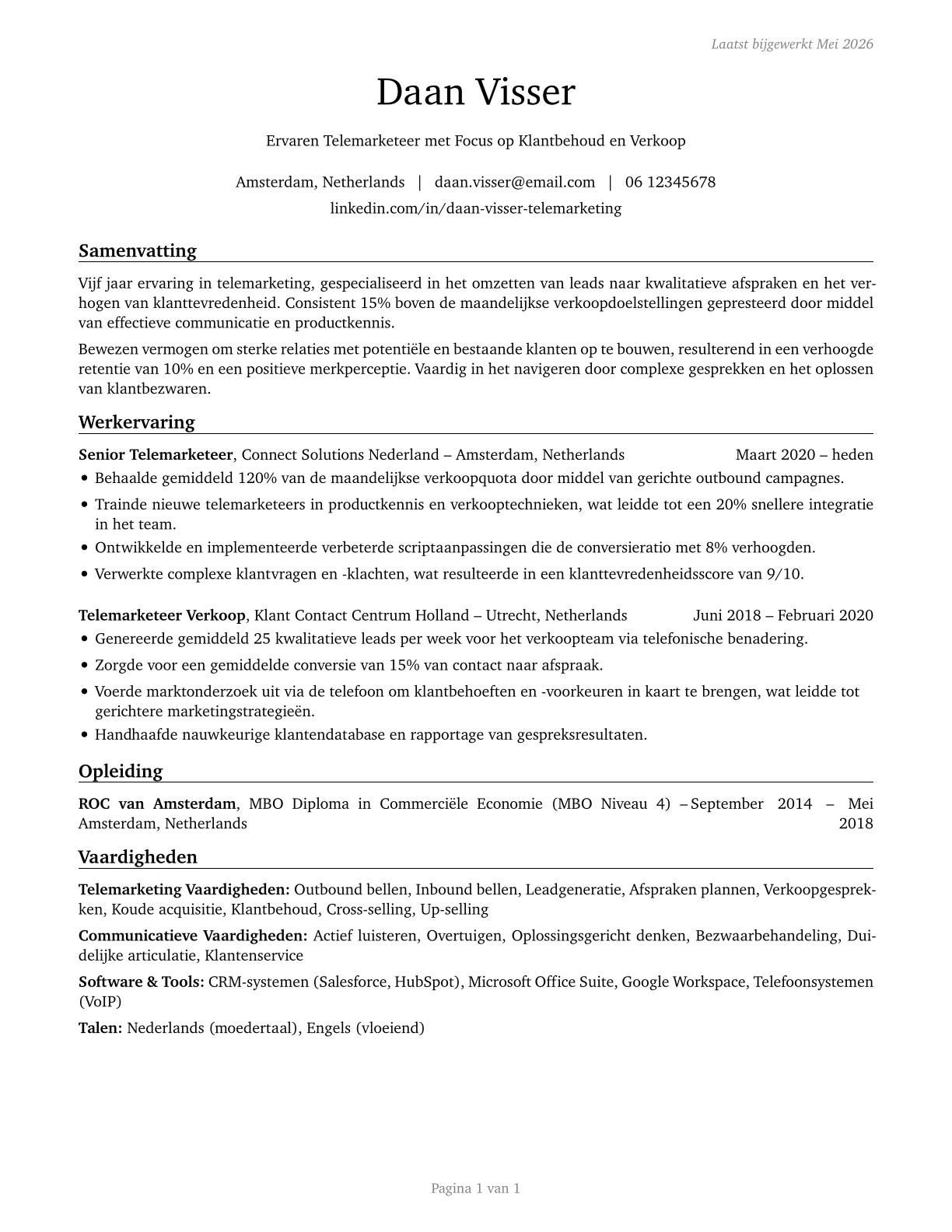 Telemarketers CV in Dutch — page 1