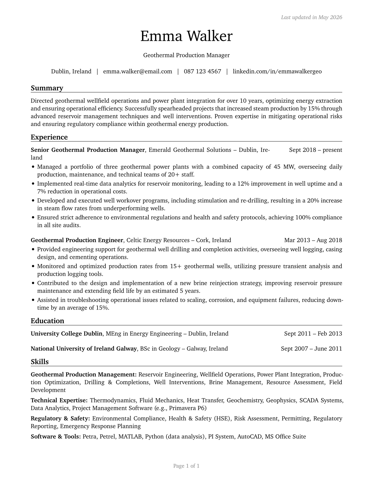 Geothermal Production Managers CV in English — page 1