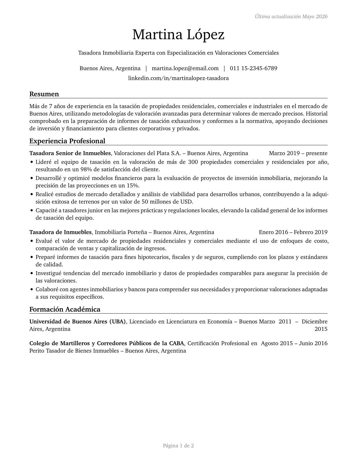 Appraisers and Assessors of Real Estate CV in Spanish — page 1