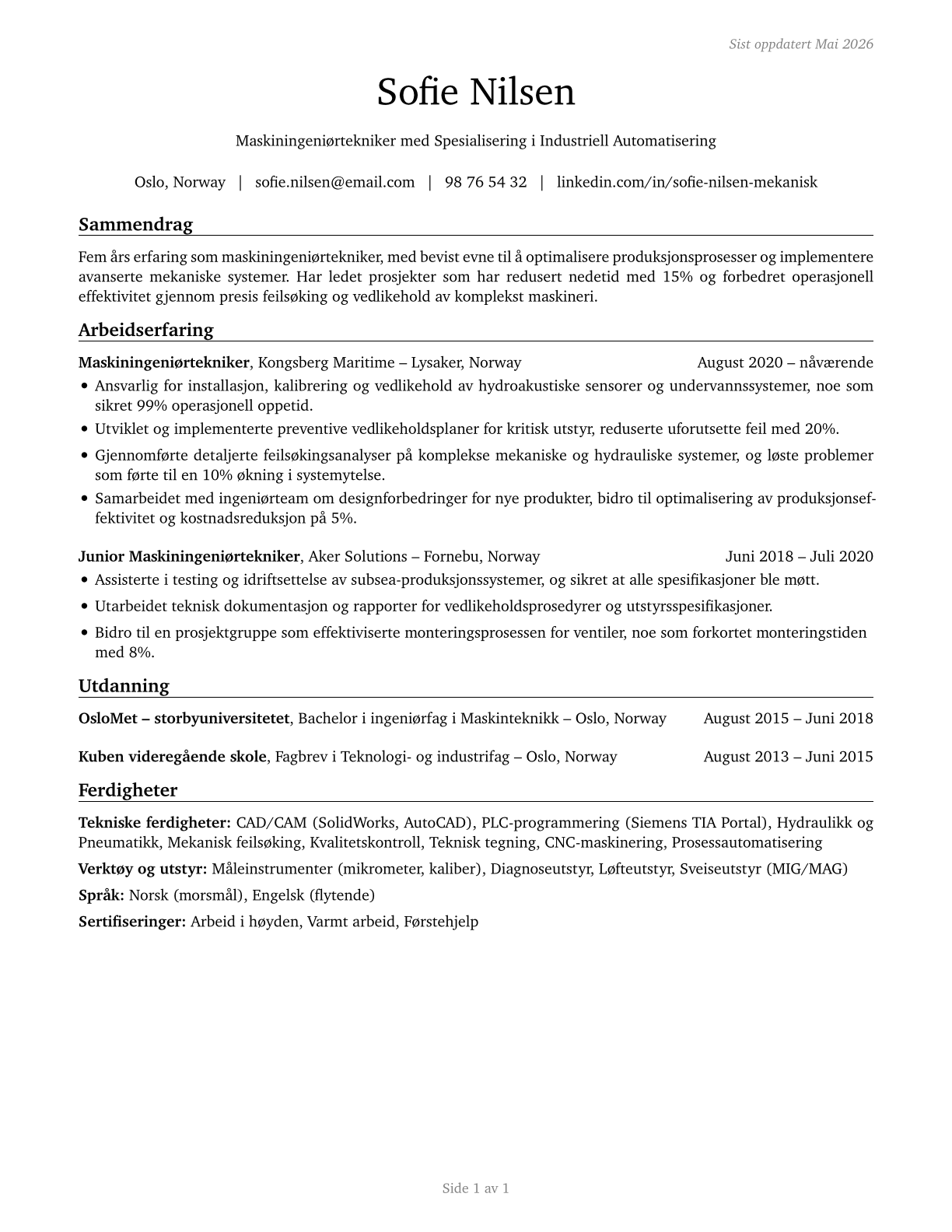 Mechanical Engineering Technologists and Technicians CV in Norwegian_bokmal — page 1