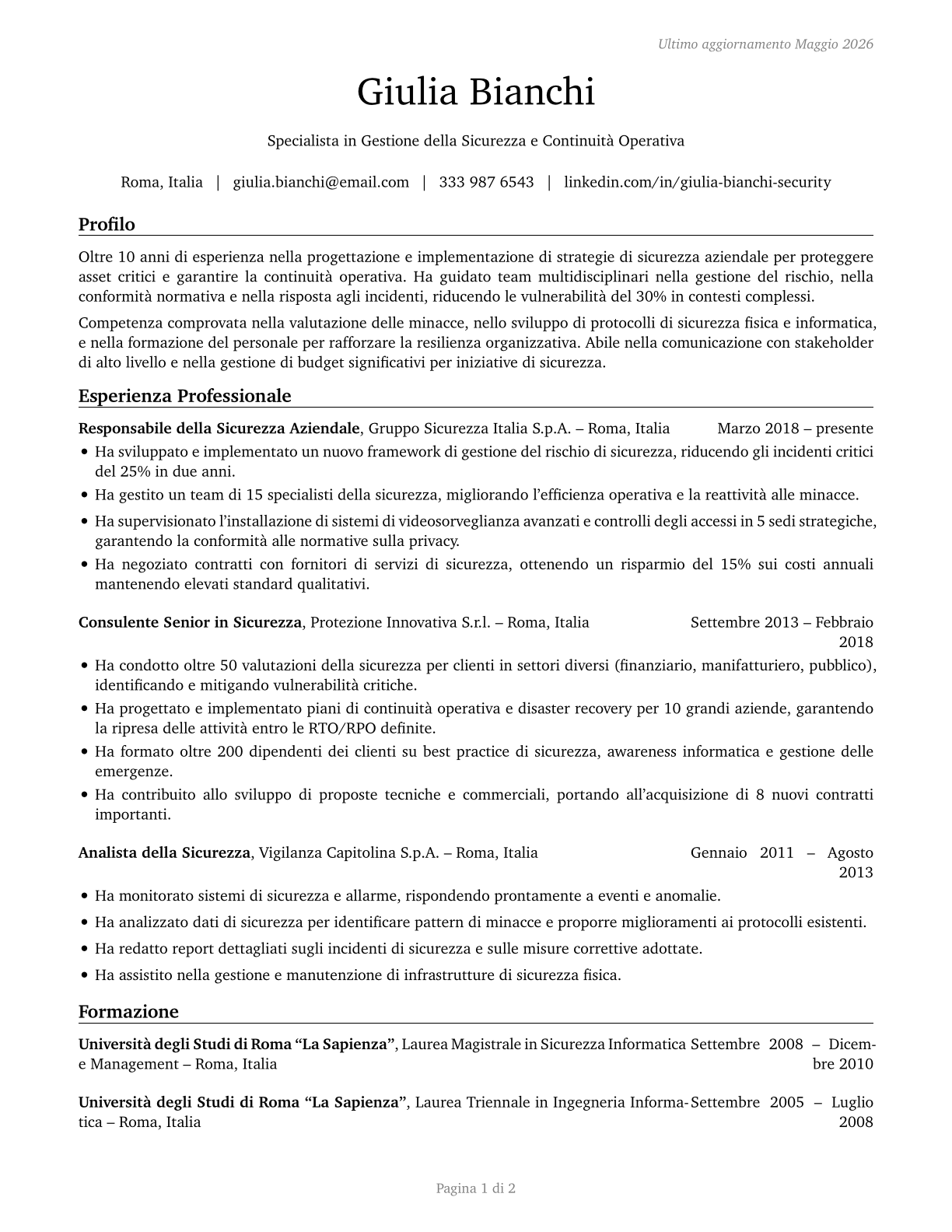 Security Management Specialists CV in Italian — page 1
