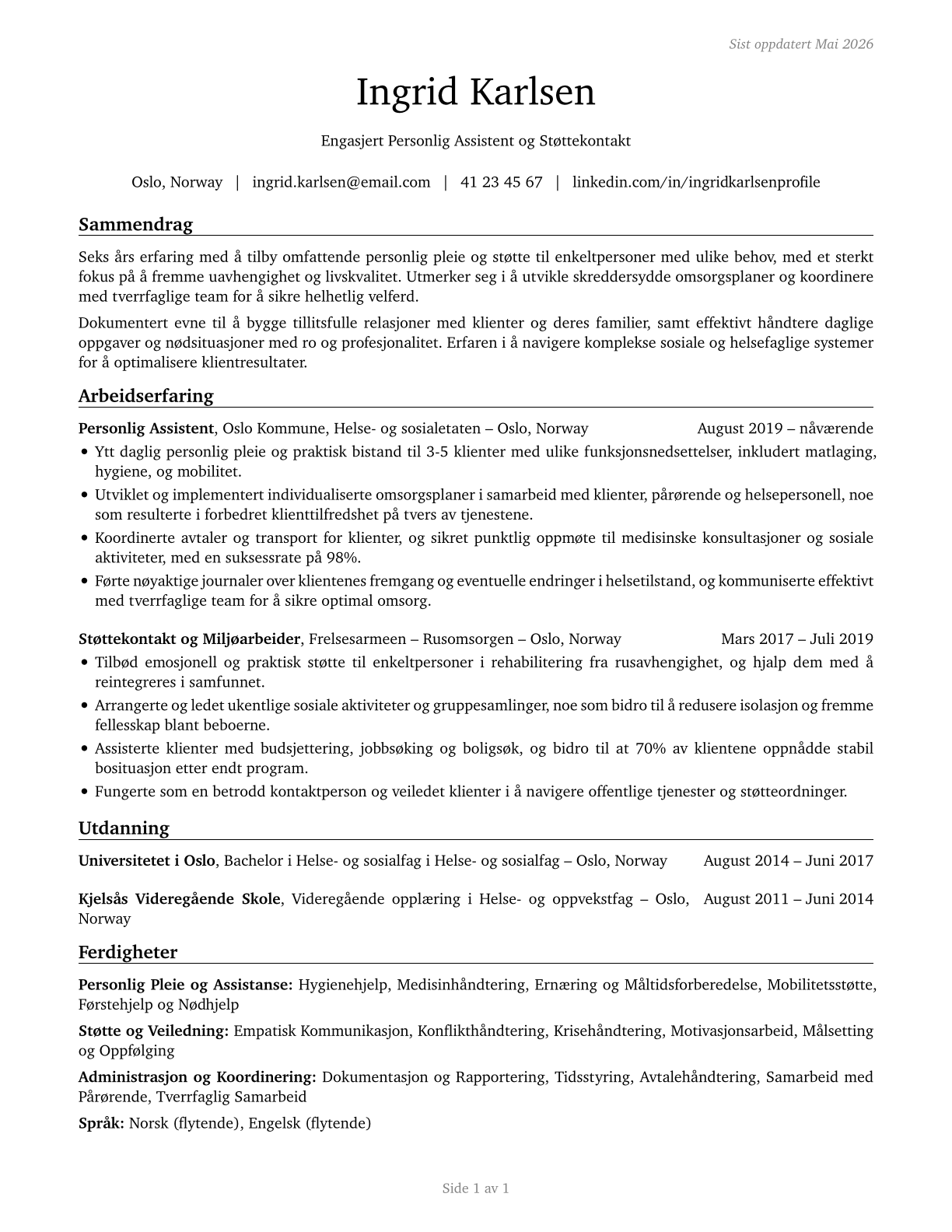 Personal Care and Service Workers, All Other CV in Norwegian_bokmal — page 1