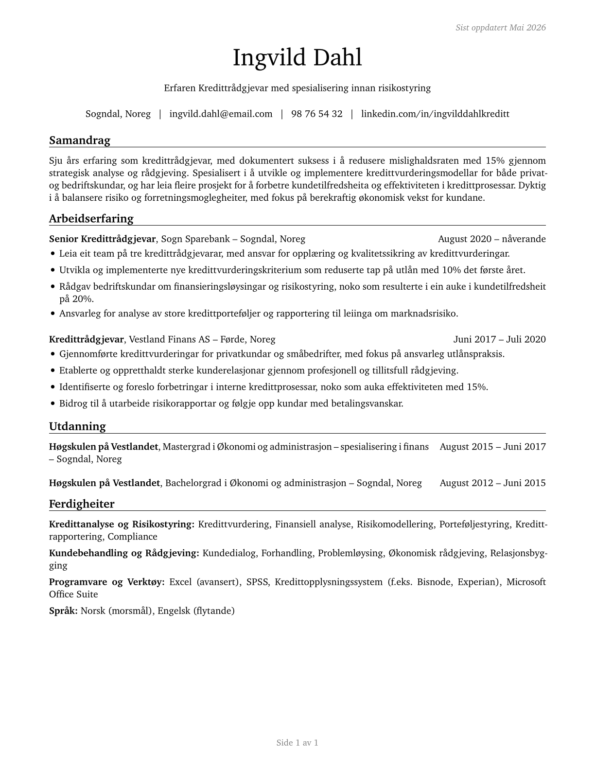 Credit Counselors CV in Norwegian_nynorsk — page 1