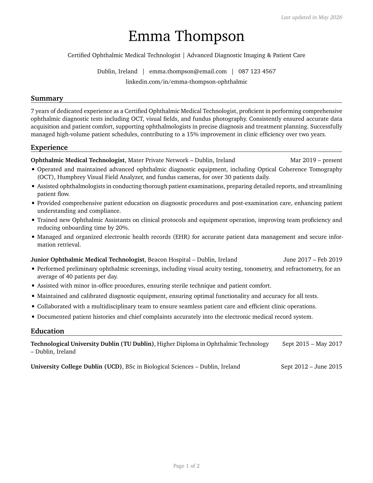 Ophthalmic Medical Technologists CV in English — page 1
