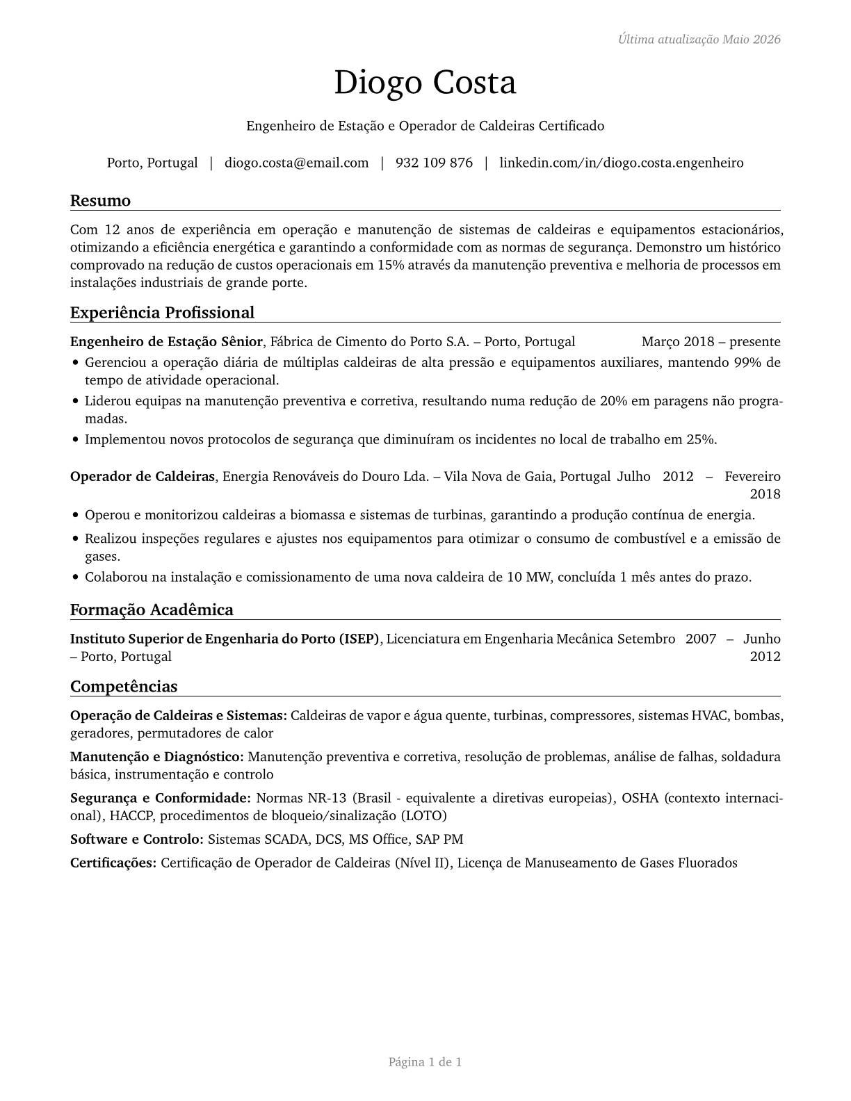 Stationary Engineers and Boiler Operators CV in Portuguese — page 1