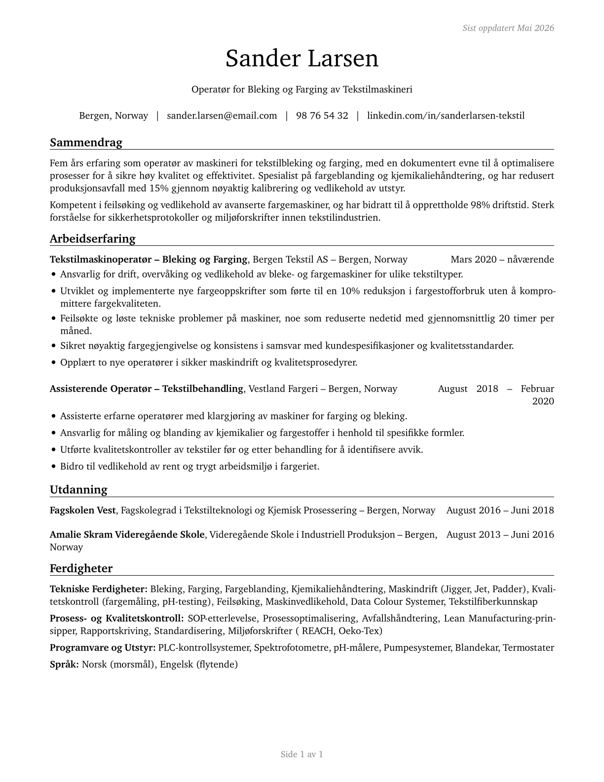 Textile Bleaching and Dyeing Machine Operators and Tenders CV in Norwegian_bokmal — page 1