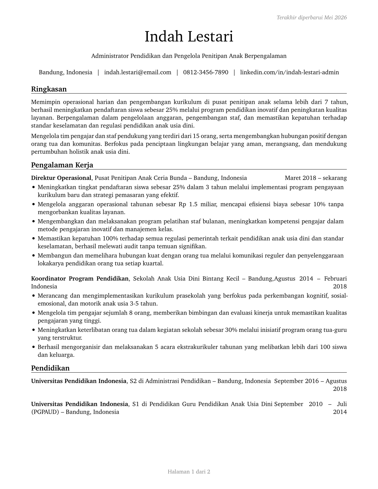 Education and Childcare Administrators, Preschool and Daycare CV in Indonesian — page 1